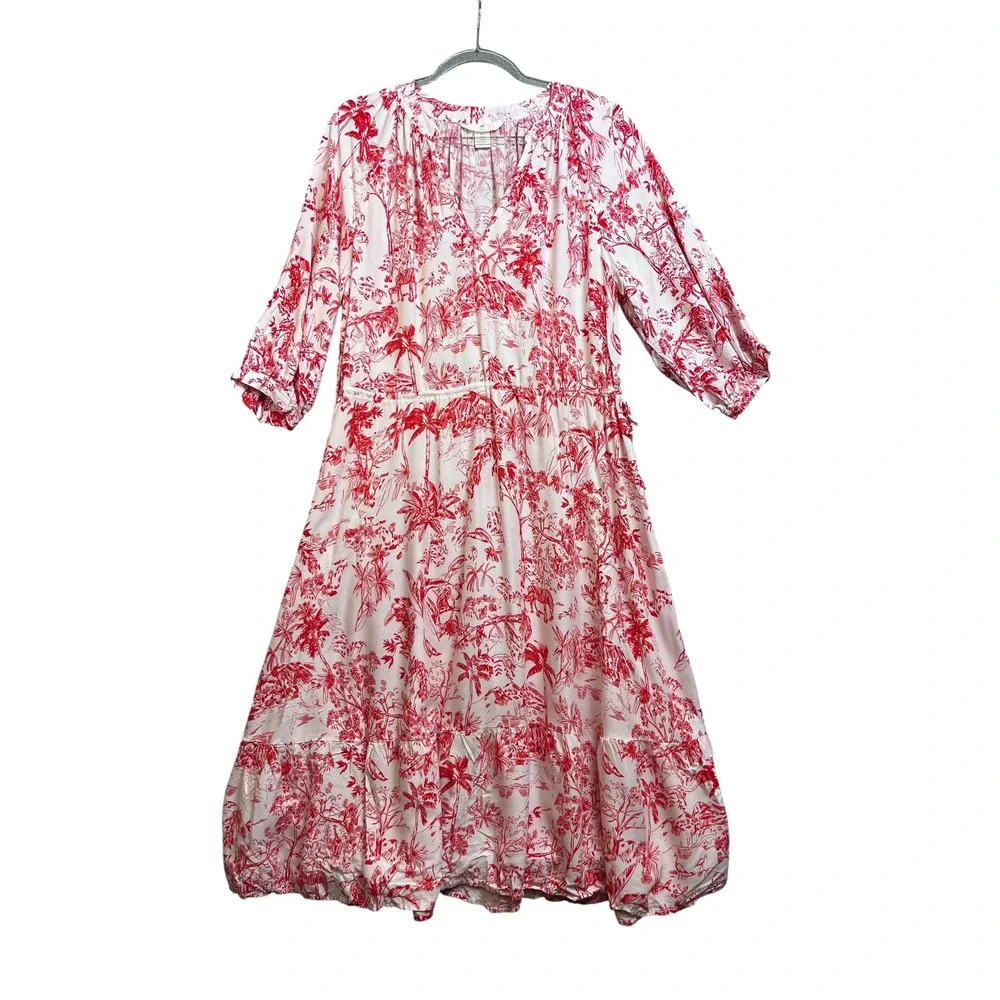 HM LOGG Red White Tropical Toile Tiered Midi Dress‎ V-Neck Drawstring Medium